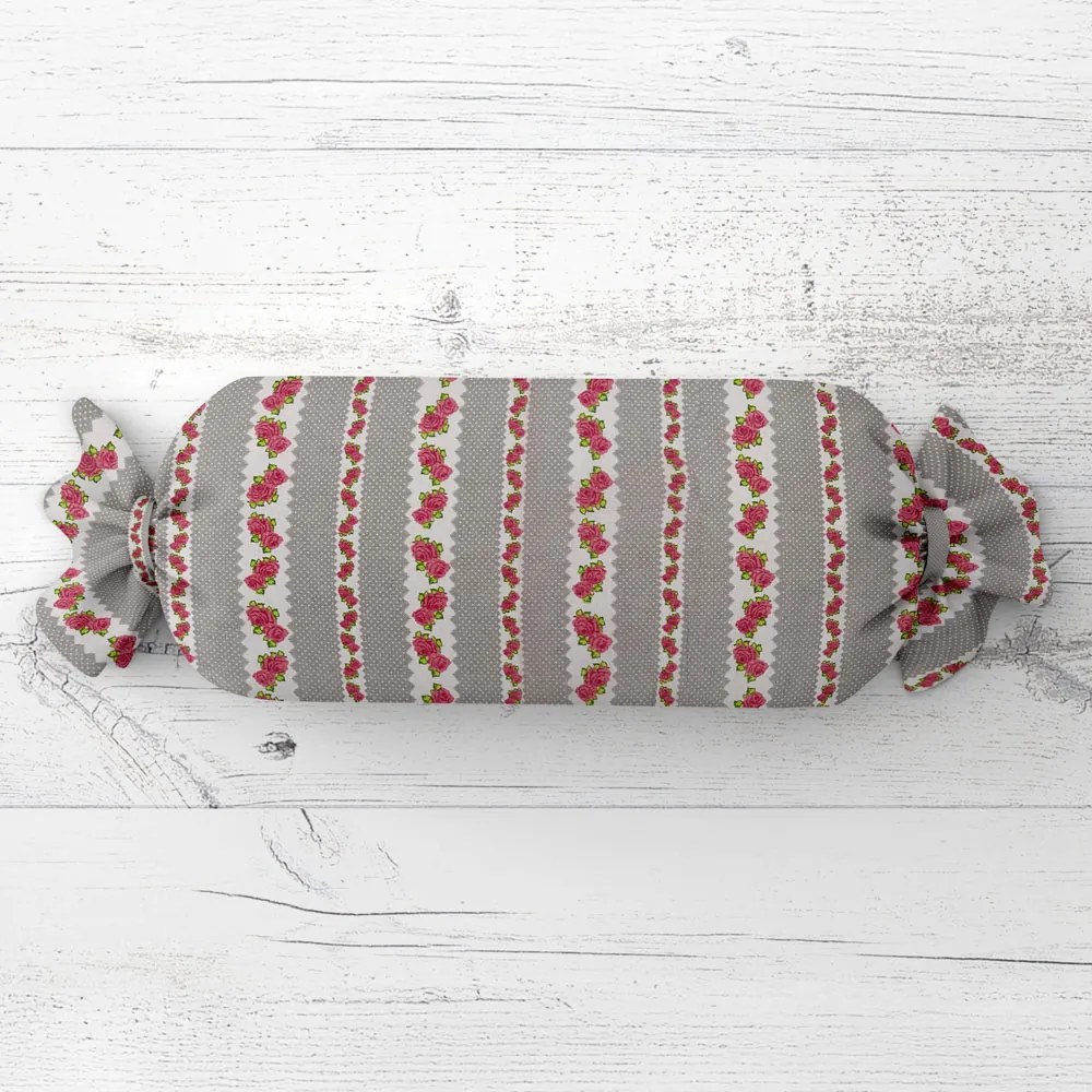 Biante Vankúš valec bonbon Sandra SA-419 Ružičky na sivom bodkovanom 15x40 cm