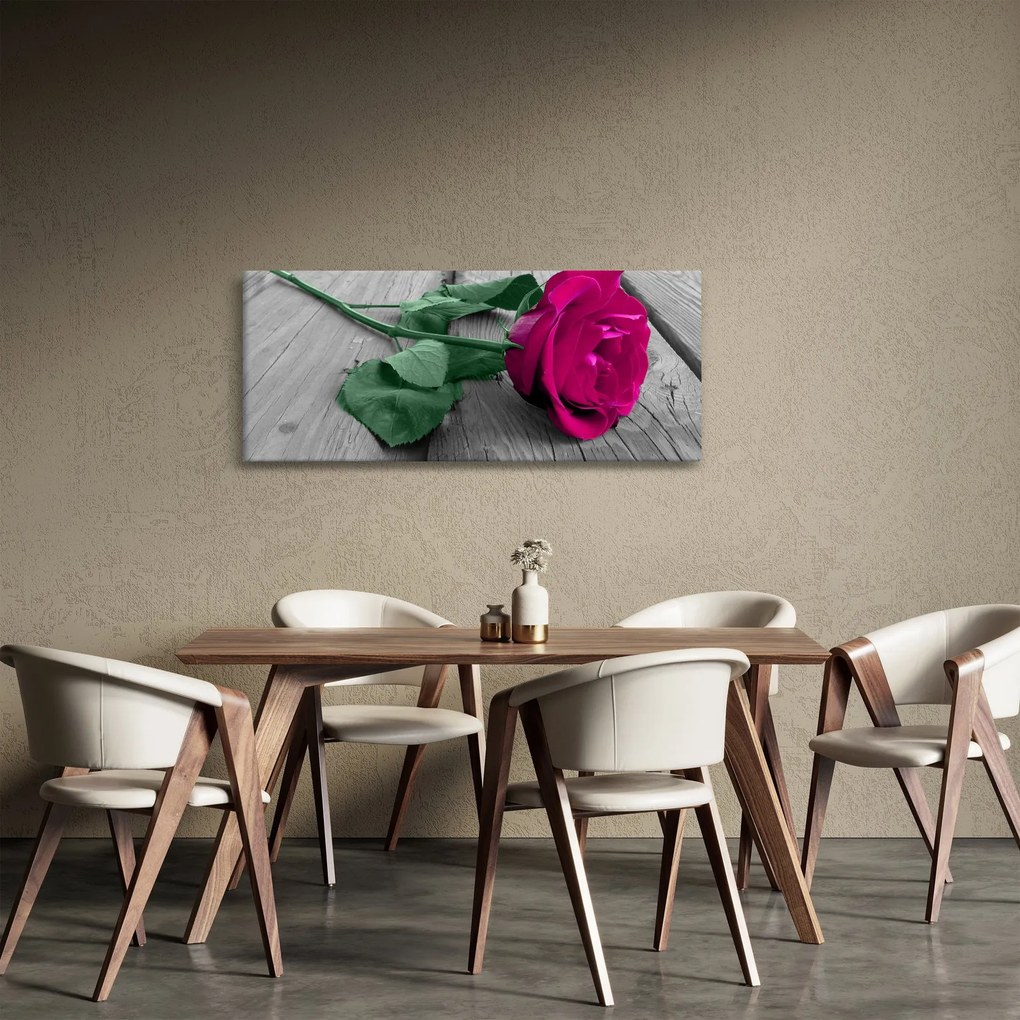 Obraz - Ružová ruža so zelenou stonkou (120x50 cm)
