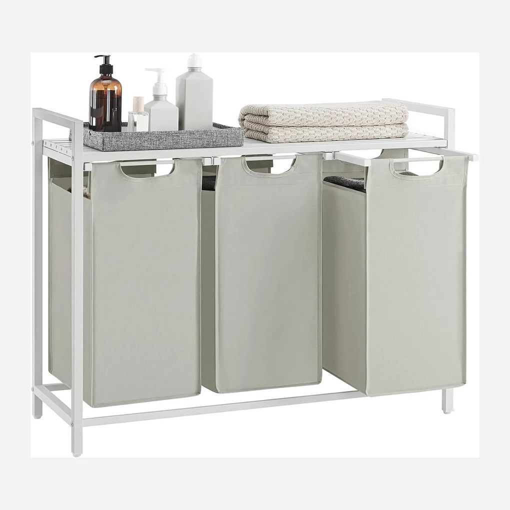 Kôš na bielizeň, 3 priehradky, s poličkou, kovový rám, biely