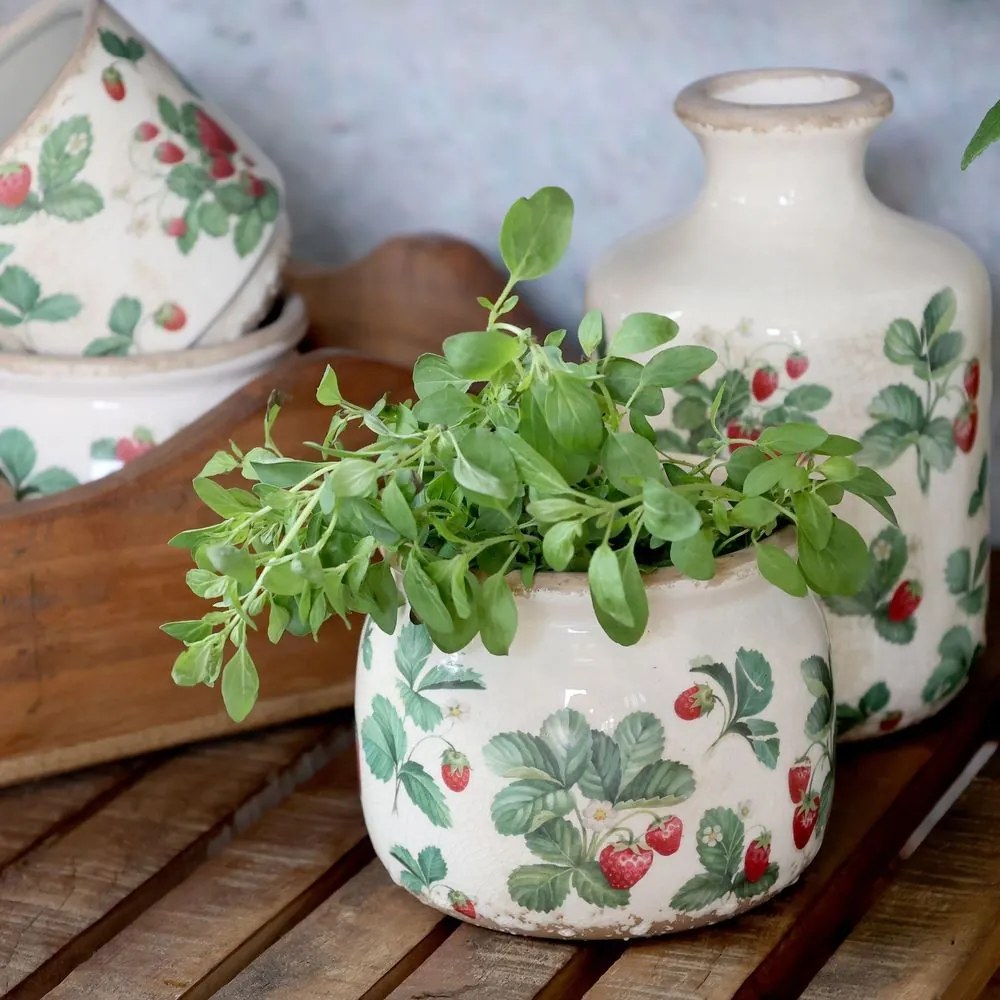 Krémový antik keramický obal na kvetináč s jahôdkami Fraises - Ø 12*9 cm