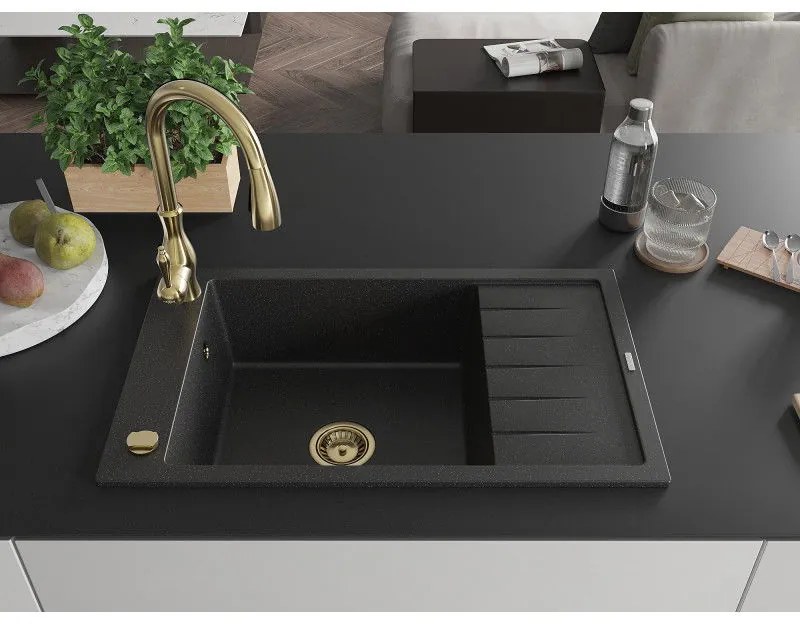 Mexen Elias, 1-komorový granitový drez 795x480x200 mm a drezová batéria Savita, čierna-strieborná metalíza, 6511-73-672601-50