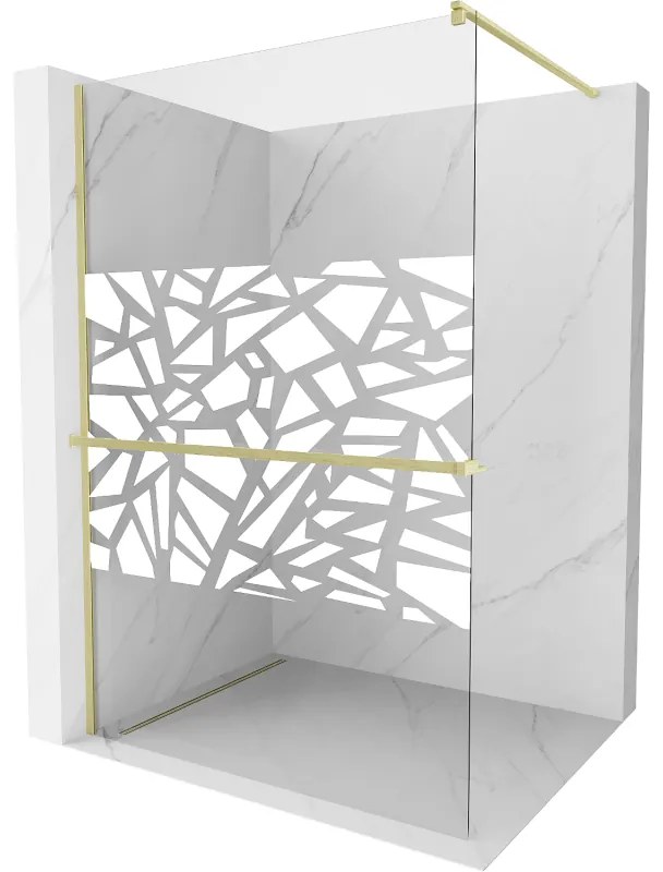 Mexen Kioto+, sprchová zástena Walk-In s poličkou a vešiakom 120 x 200 cm, 8mm číre sklo biely vzor, zlatý matný profil, 800-120-121-55-85