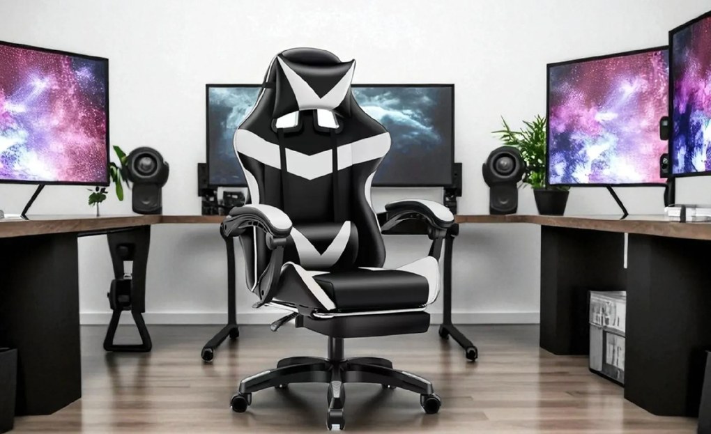 Kancelárska herná stolička s nastaviteľnou opierkou nôh - čierno - biela