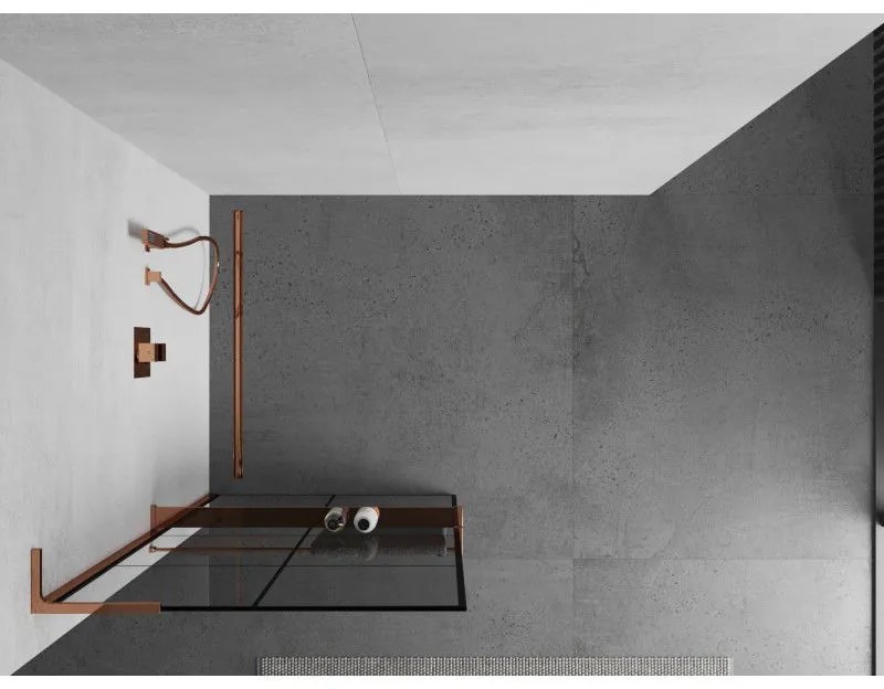 Mexen Kioto+ L, sprchová zástena Walk-In s poličkou a vešiakom 90 x 200 cm, 8mm číre sklo čierny vzor, ružové zlato profil, 800-090-123-60-77