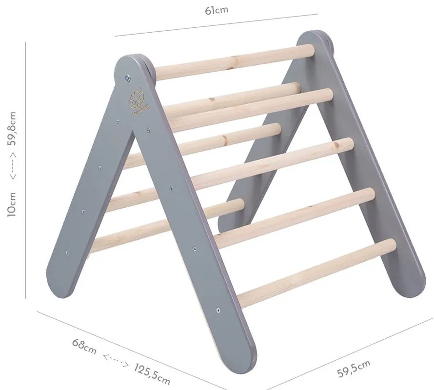 Sivý/v prírodnej farbe pikler trojuholník z borovicového dreva 265x61x60 cm Montessori – Meowbaby