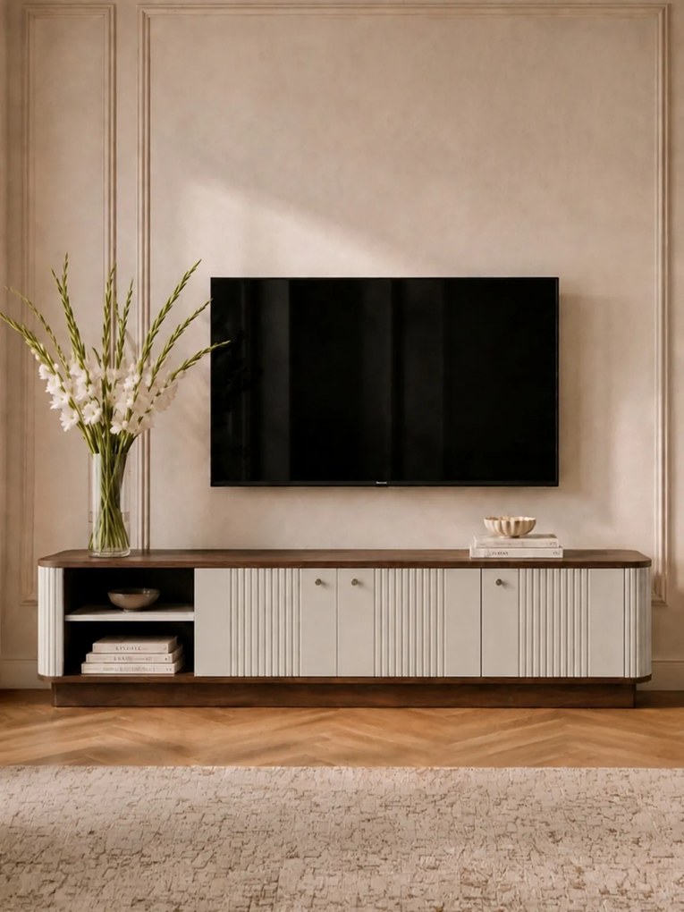 TV skrinka Vespera 4D 187 cm na sokli - kašmírová / orech / čierna