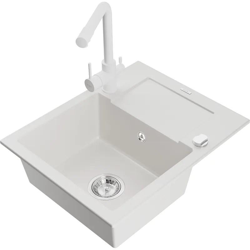Mexen Enzo, granitový drez 576x465x174 mm, 1-komorový, biela matná batéria Duero, biela, 6506-20-671600-20