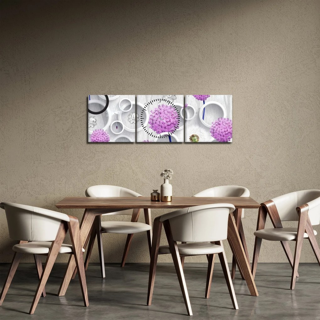 Obraz 3D abstrakcie s kruhmi a kvetinami (s hodinami) (90x30 cm)
