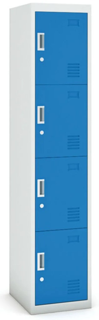 Šatníková skrinka s úložnými boxami, 4 boxy, 1800 x 380 x 450 mm, demont, cylindrický zámok, sivá/modrá