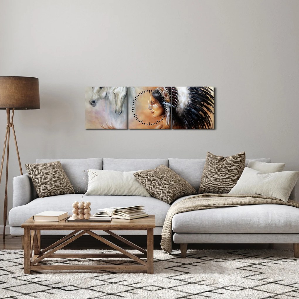 Obraz - Kúzla indiánov (s hodinami) (90x30 cm)