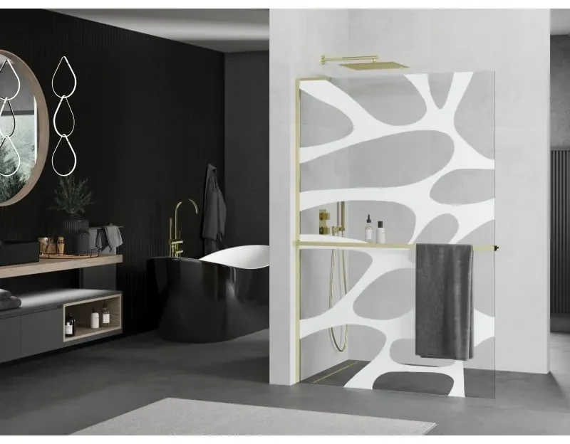 Mexen Kioto+ L, sprchová zástena Walk-In s poličkou a vešiakom 70 x 200 cm, 8mm číre sklo biely vzor, zlatý lesklý profil,800-070-123-50-97