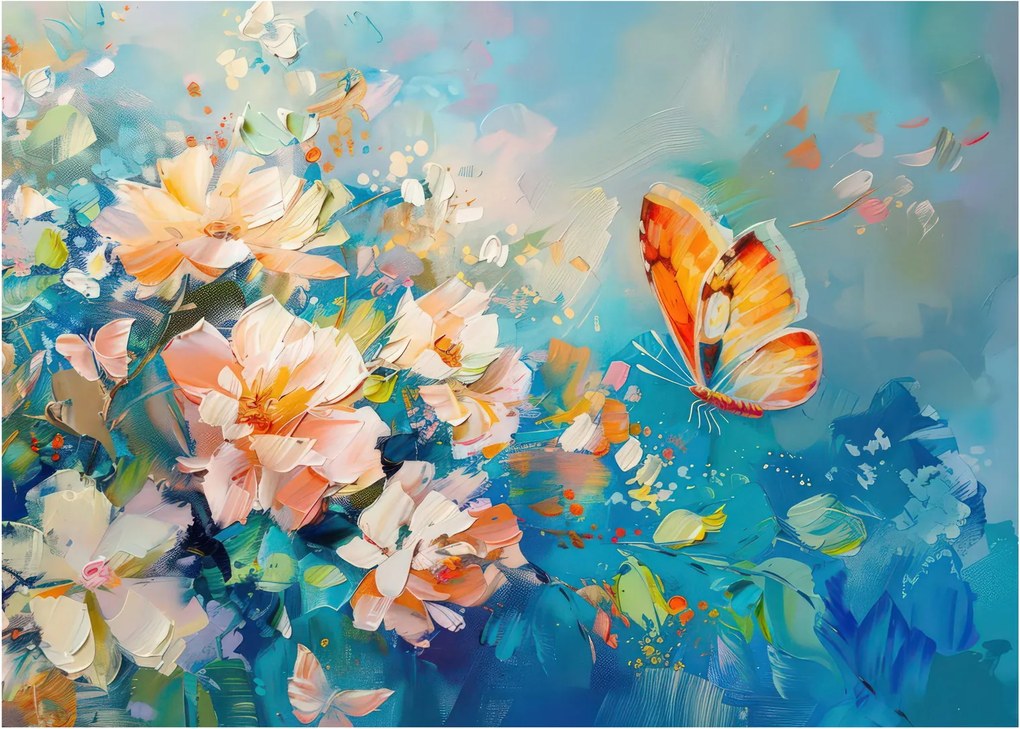 Sklenený obraz - Motýľ a kvety, olejomaľba II. (70x50 cm)