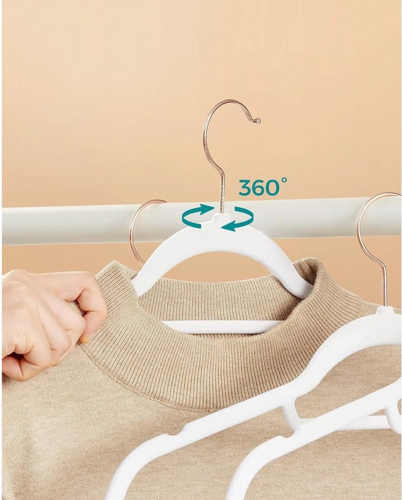 Zamatové vešiaky, sada 30 ks, s rose gold háčikmi, farba biela