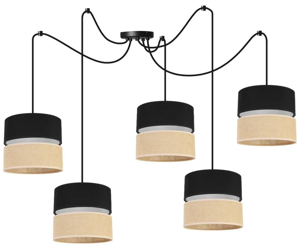 Závesné svietidlo Juta Spider, 5x jutové/čierne textilné tienidlo, b