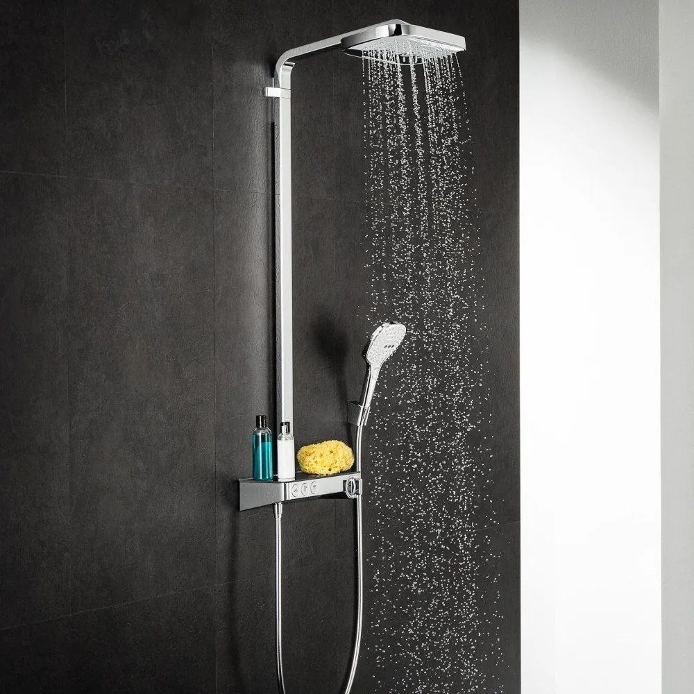 HANSGROHE Raindance Select E Showerpipe nástenný sprchový systém s termostatom ShowerTablet Select 300, horná sprcha 3jet 318 x 190 mm, ručná sprcha 3jet, chróm, 27127000