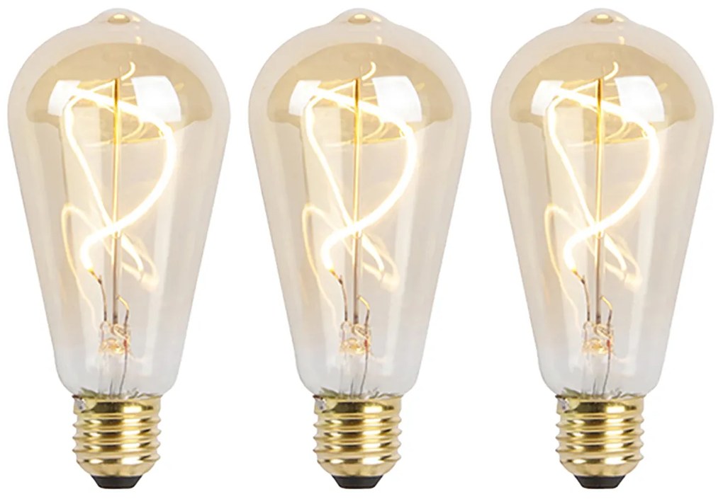 Sada 3 stmievateľných LED žiaroviek E27 so špirálovým vláknom ST64 zlatá 4W 270lm 2100K
