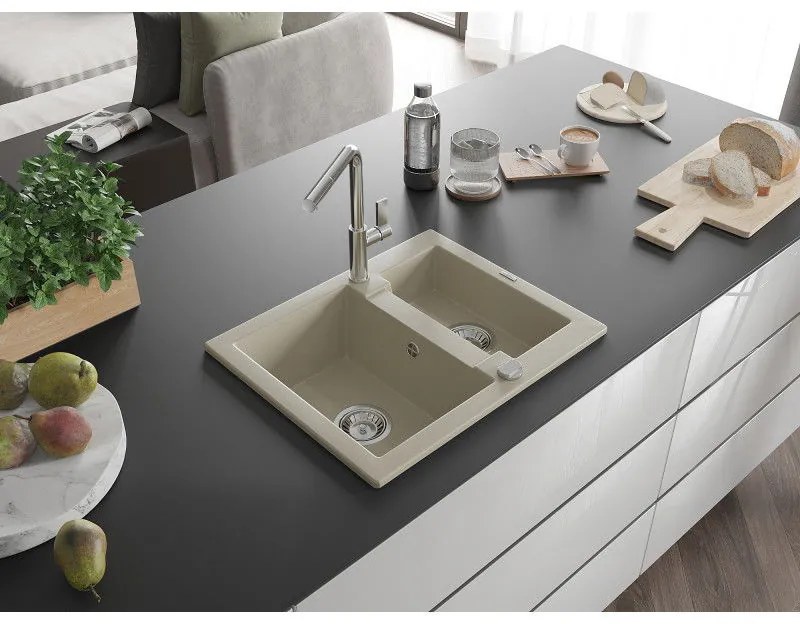 Mexen Carlos, 1,5-komorový granitový drez 582x475x177 mm a drezová batéria Flora, béžová, 6518-69-670401-00