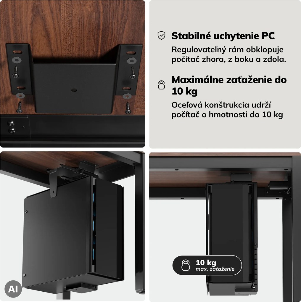 Držiak na počítač pod stôl, nastaviteľný, kovový, čierny: PC HOLDER
