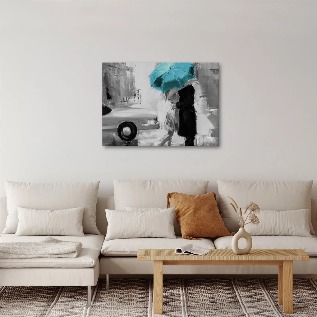 Obraz - Zamilovaný pár s dáždnikom, modrý (70x50 cm)