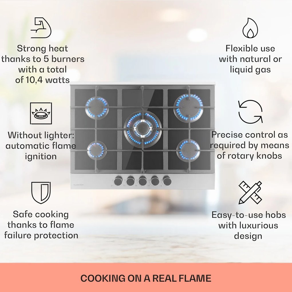Klarstein Alchemist, plynová varná doska, 5 hliníkových horákov, sklokeramika, čierna