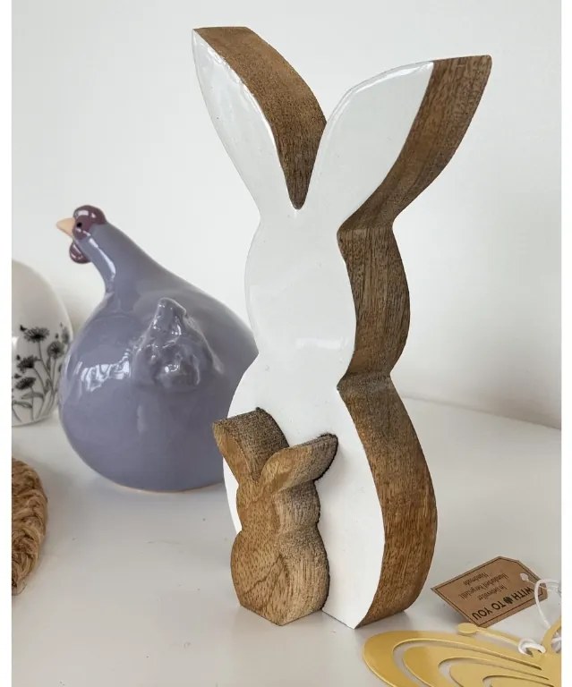 Drevený veľkonočný zajko HOPPYDUO sada 2 ks, 20 cm, biely
