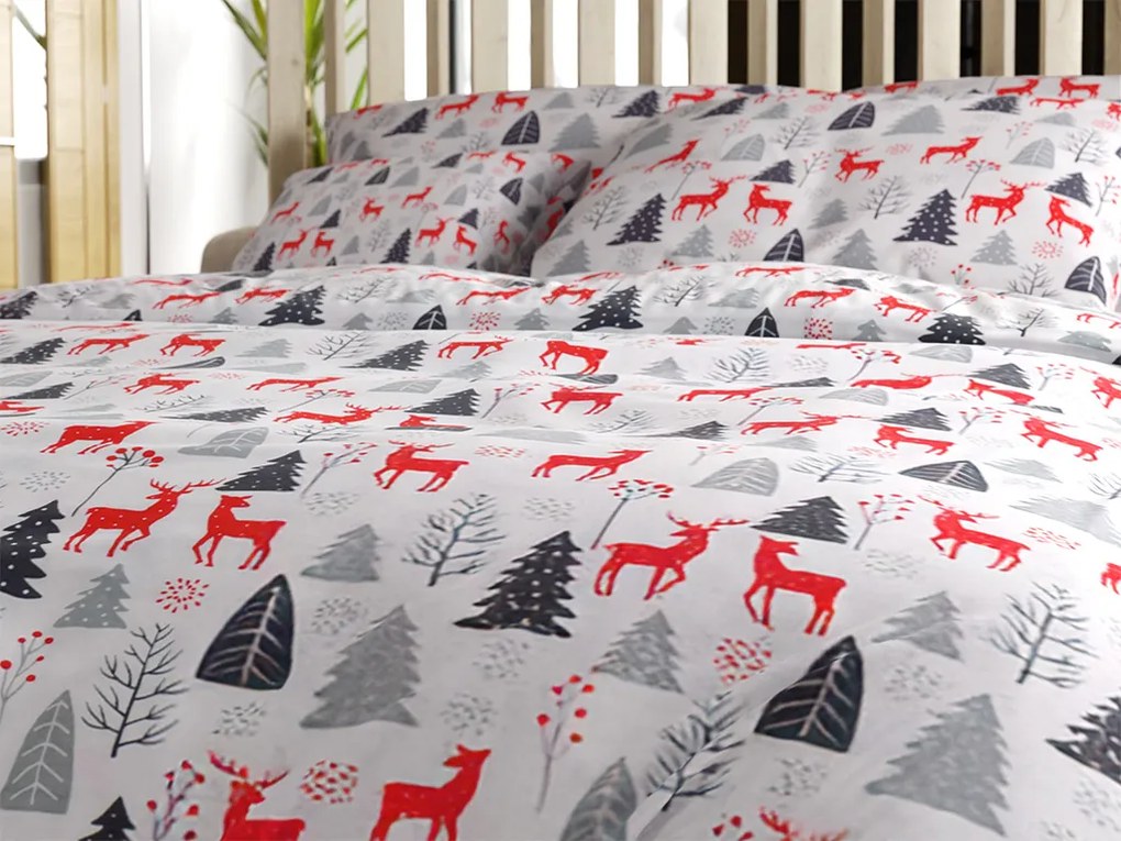 Flanelové obliečky RED DEERS AND TREES biele Rozmer obliečky: 2 ks 70 x 90 cm | 200 x 220 cm