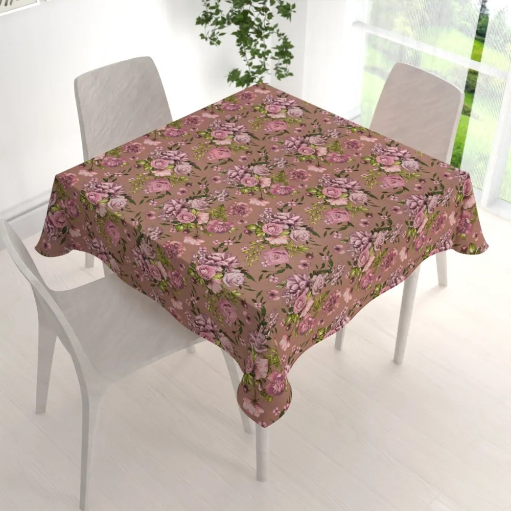 Biante Bavlnený štvorcový obrus Sandra SA-554 Ruže a hortenzie na hnedom 140x140 cm