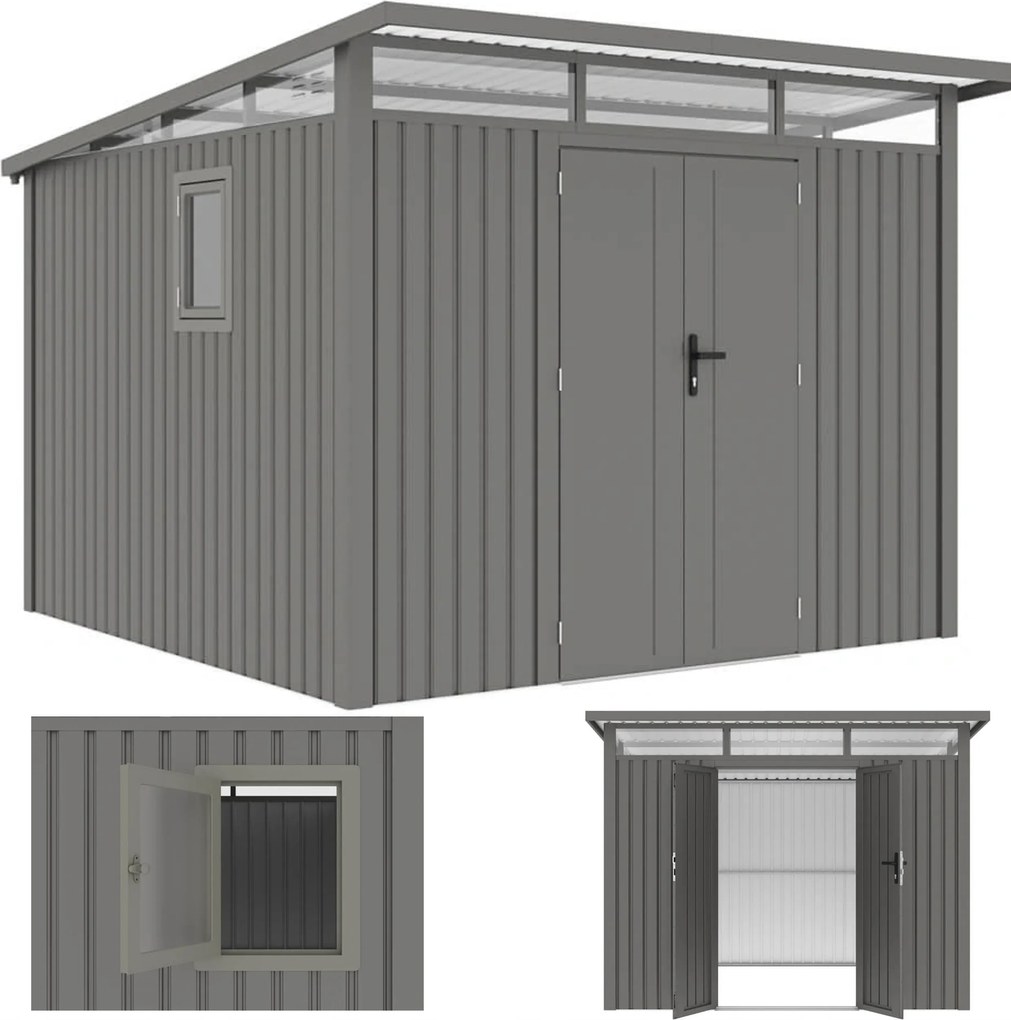 Záhradný domček na náradie, oceľový Portland, plechová búda, šopa 289x318cm, sivý