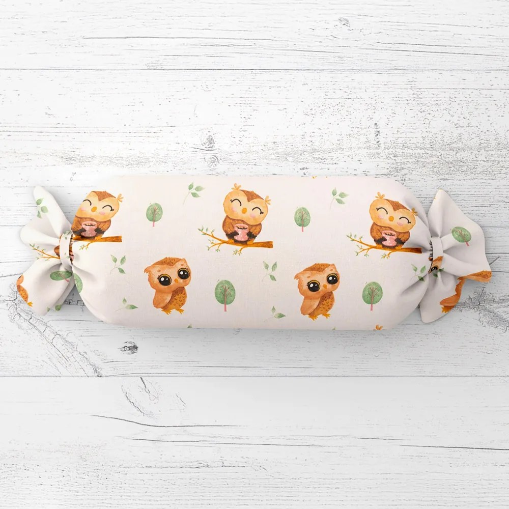 Biante Detský vankúš valec bonbon Sandra SA-616 Sovičky na vetvičkách na bielom 15x40 cm