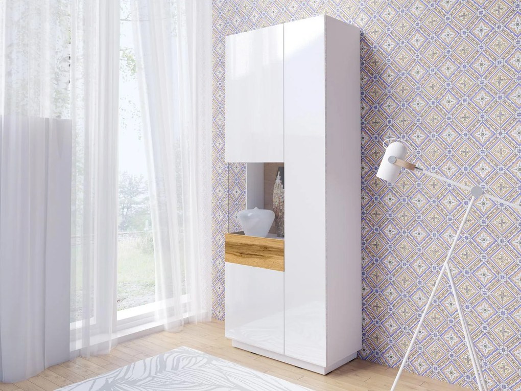 Vitrína Stacey Typ 12 (dub + biely vysoký lesk). Akcia -20%. Vlastná spoľahlivá doprava až k Vám domov. 1030463
