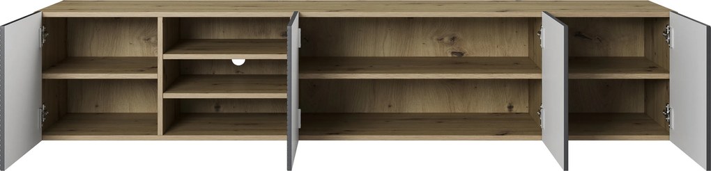Závesná TV skrinka Asha 200 cm s ryhovaným čelom a výklenkom - dub artisan / rivier stone mat