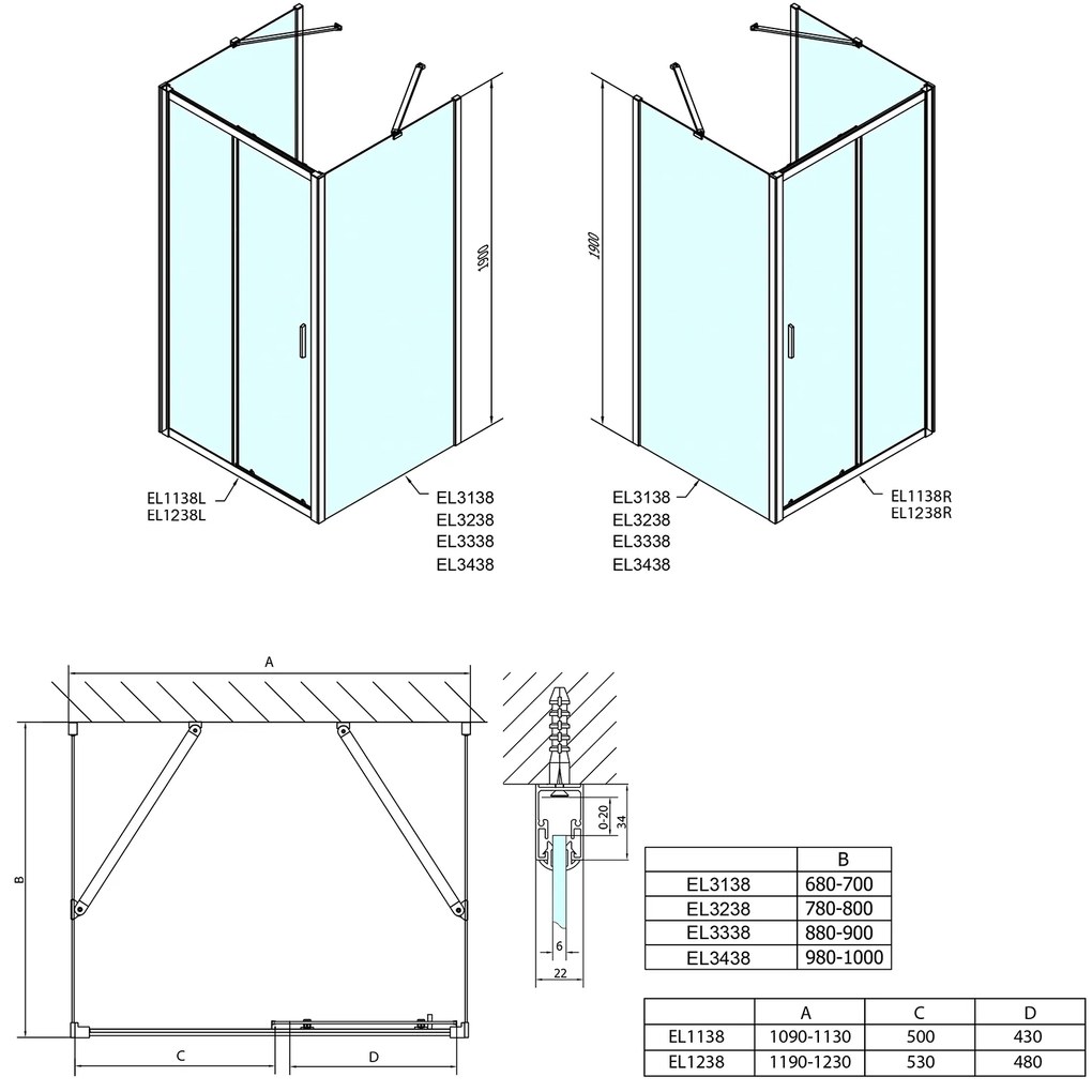 Polysan, EASY LINE sprchový kout tri steny 1100x1000mm, L/P varianta, Brick sklo, EL1138EL3438EL3438