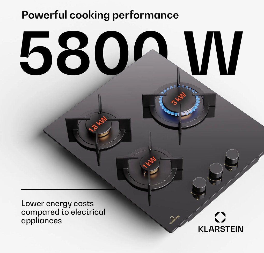 Klarstein Goldflame Domino, plynová varná doska, 3 mosadzné horáky, nehrdzavejúca oceľ