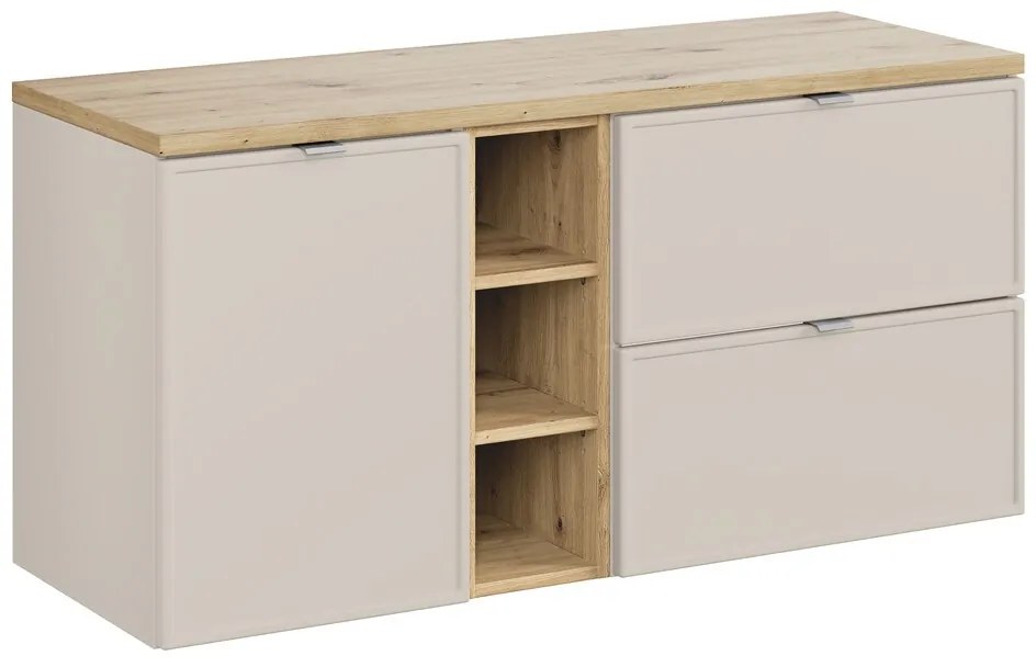 Závěsná skříňka Bella Cashmere s deskou 120 cm kašmírová/dub artisan