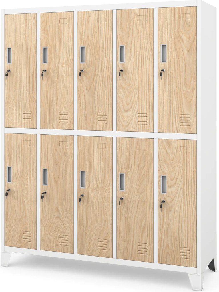 Kovová šatňová boxová skriňa na nôžkach s 10 boxami BARTEK, 1360 x 1720 x 450 mm, Eco Design: biela/ dub sonoma