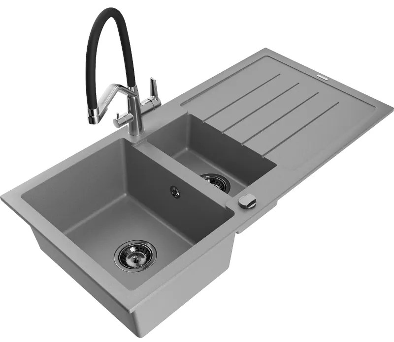 Mexen Andres, granitový drez 1000x500x200 mm, 1,5-komorový a drezová batéria Duo, šedá, 6515-71-671701-07-B