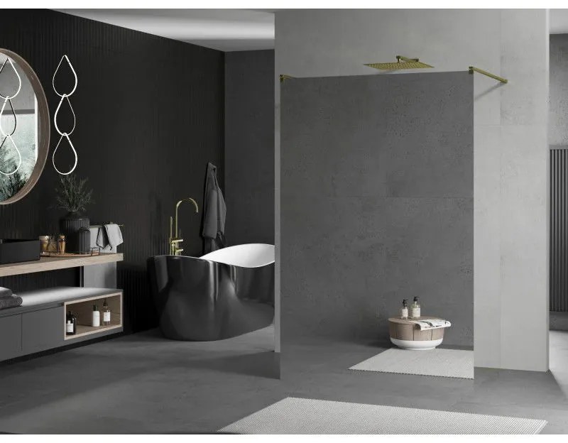 Mexen Kioto, priechodná sprchová zástena 120 x 200 cm, 8mm sklo vzor zrkadlo, 2x zlatá stabilizačná rozpera, 800-120-002-50-50