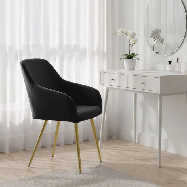 Sada šiestich jedálenských stoličiek ESTELLE zamatové, čierne / zlaté nohy (6 ks)