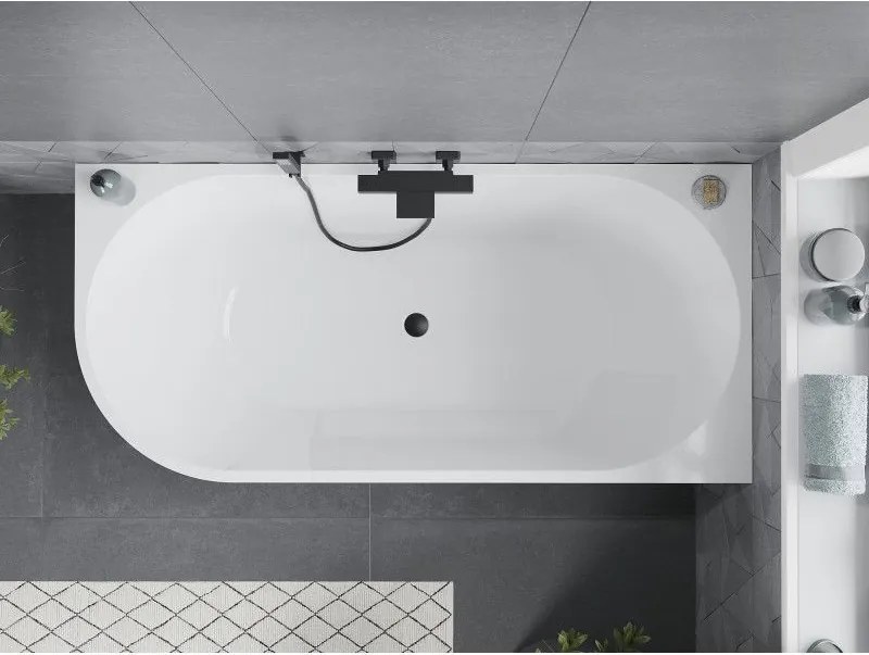 Mexen Mia, voľne stojaca rohová vaňa pravá 140 x 75 cm, biela/čierna, čierny prepad, 52691407575P-70