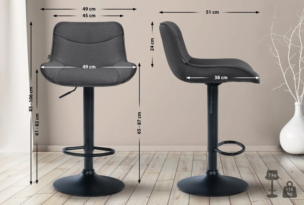 2x Barová stolička Vonore - látka, čierny rám - Tmavo sivá