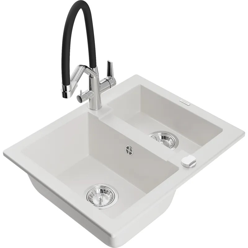 Mexen Carlos, 1,5-komorový granitový drez 582x475x177 mm a drezová batéria Duo, biela, 6518-20-671701-07