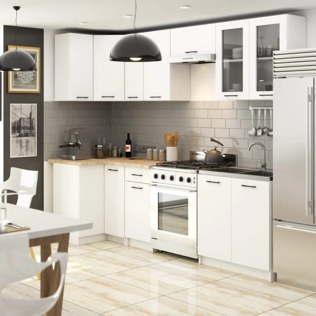 Rohová kuchynská linka OLIVIA H720 3 m s vitrínou biela