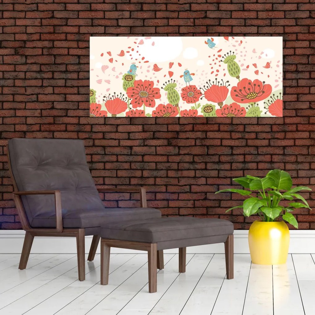 Obraz - Vtáčiky na rozkvitnutej lúke (120x50 cm)