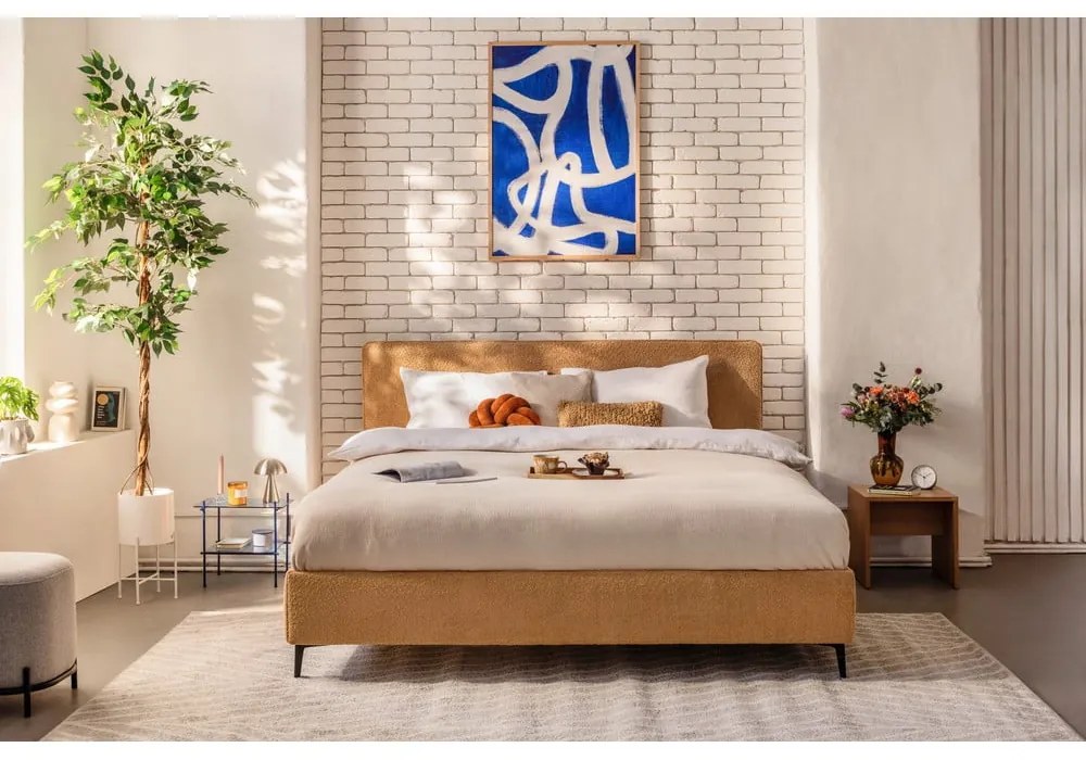 Čalúnená dvojlôžková posteľ s matracom/s roštom 160x200 cm v horčicovej farbe Noira Slim – Bonami Selection