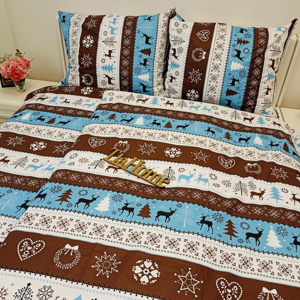 Obliečky bavlnené Vianočné obliečky Sobíky tyrkysové - 1x Vankúš 90x70cm, 1x Paplón 140x200cm