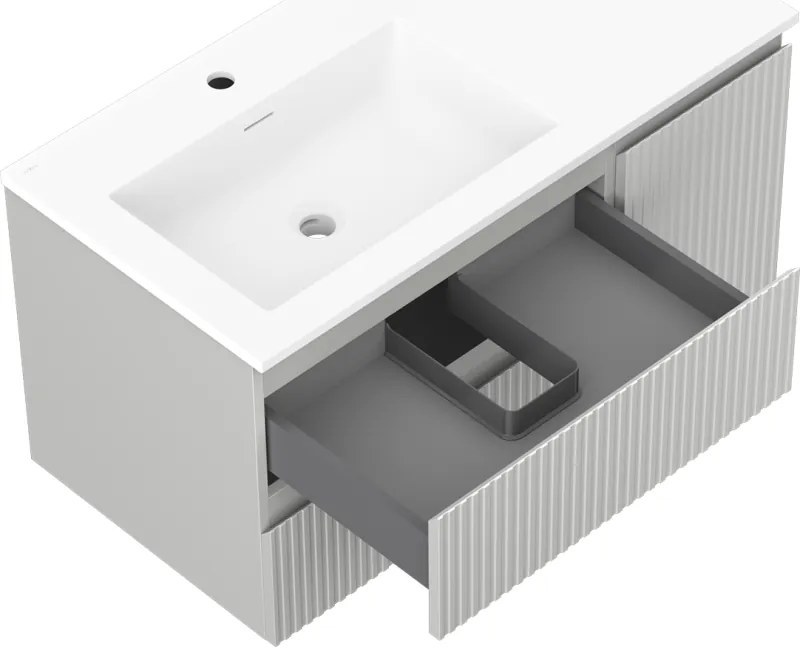 Mexen Rivel, kúpeľňová skrinka 90 cm s umývadlom Otis vľavo, 2S, 1D, drážkovaná, sivá matná/biela matná - 91A23-09047-3-BBFFF62-W18L01