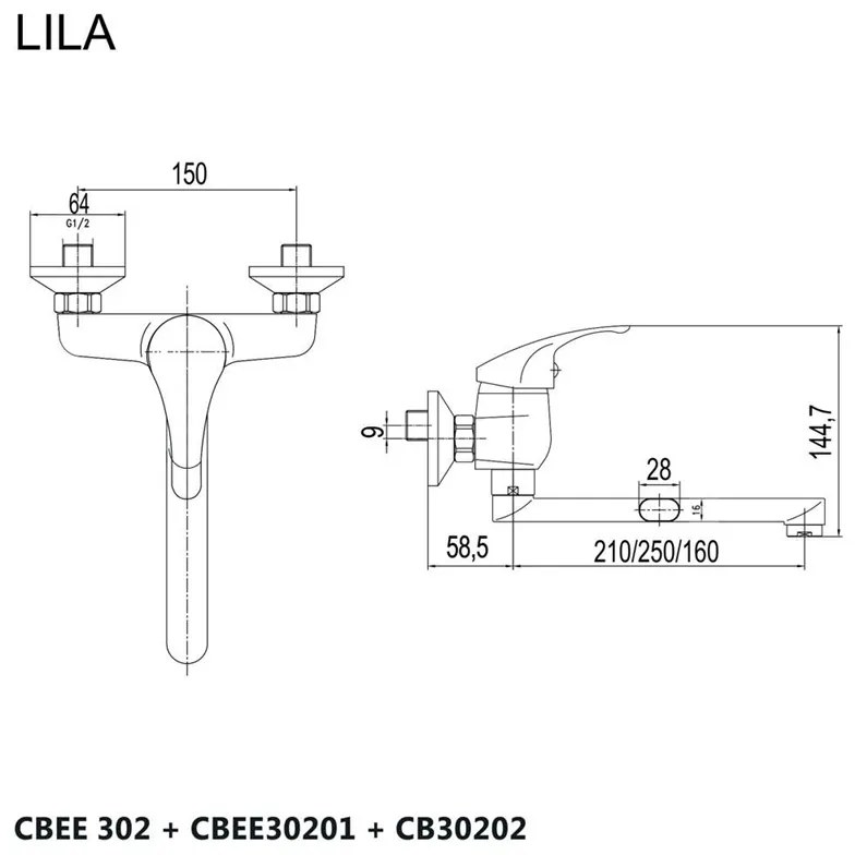 Mereo, Drezová nástenná batéria, Lila, s ramienkom plochým rovným 250 mm, chróm, MER-CBEE302A01