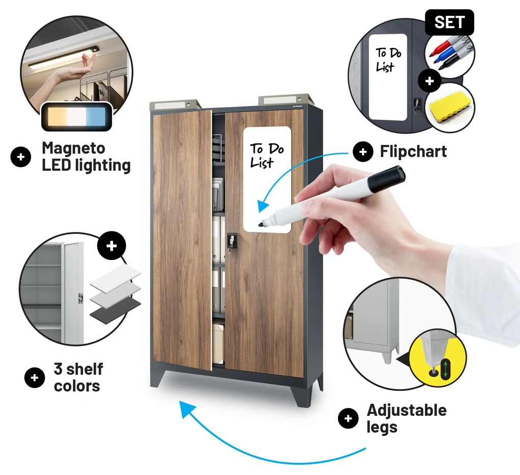 Kancelárska kovová skrinka na dokumenty JAN II, Eco Design: antracit/orech