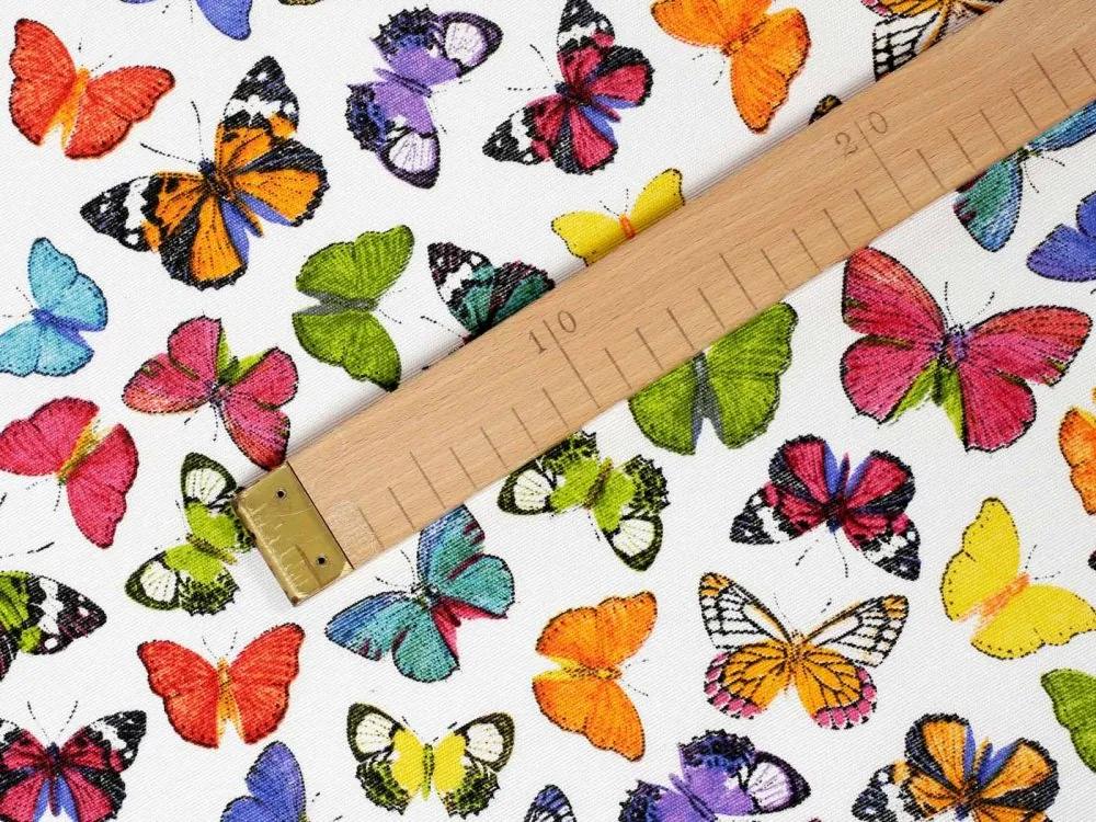 Biante Dekoračný behúň na stôl Leona LN-062 Farebné motýliky na bielom 35x120 cm