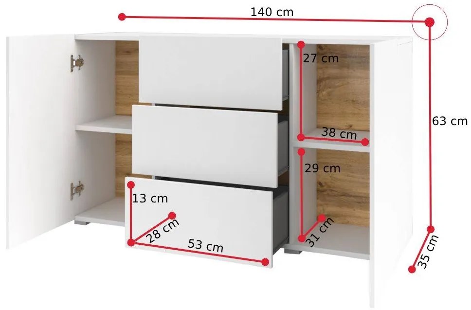 Komoda AVANA 2D3S, 140x63x35, biela/wotan dub